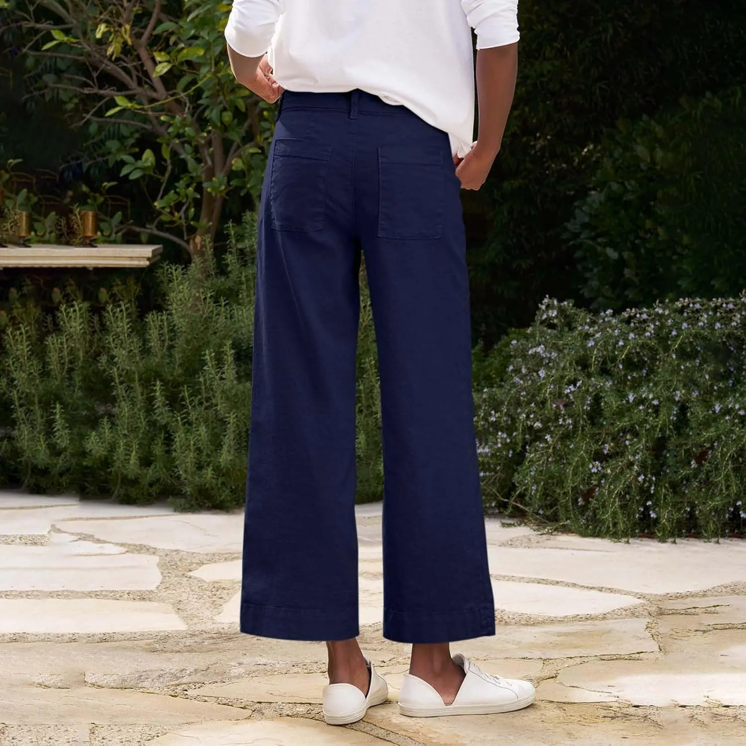 Linen Wide Leg Pants for Women Elastic High Waisted Crop Palazzo Pants Summer Business Casual Work Slacks with Pocket