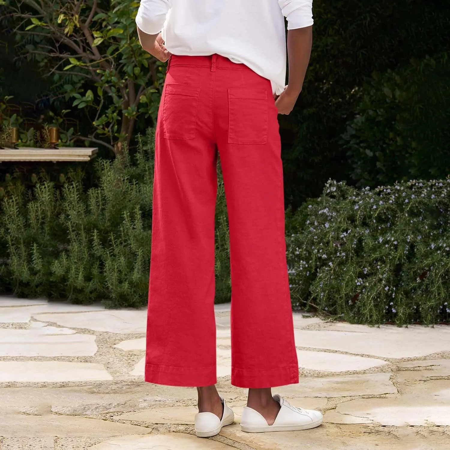 Linen Wide Leg Pants for Women Elastic High Waisted Crop Palazzo Pants Summer Business Casual Work Slacks with Pocket