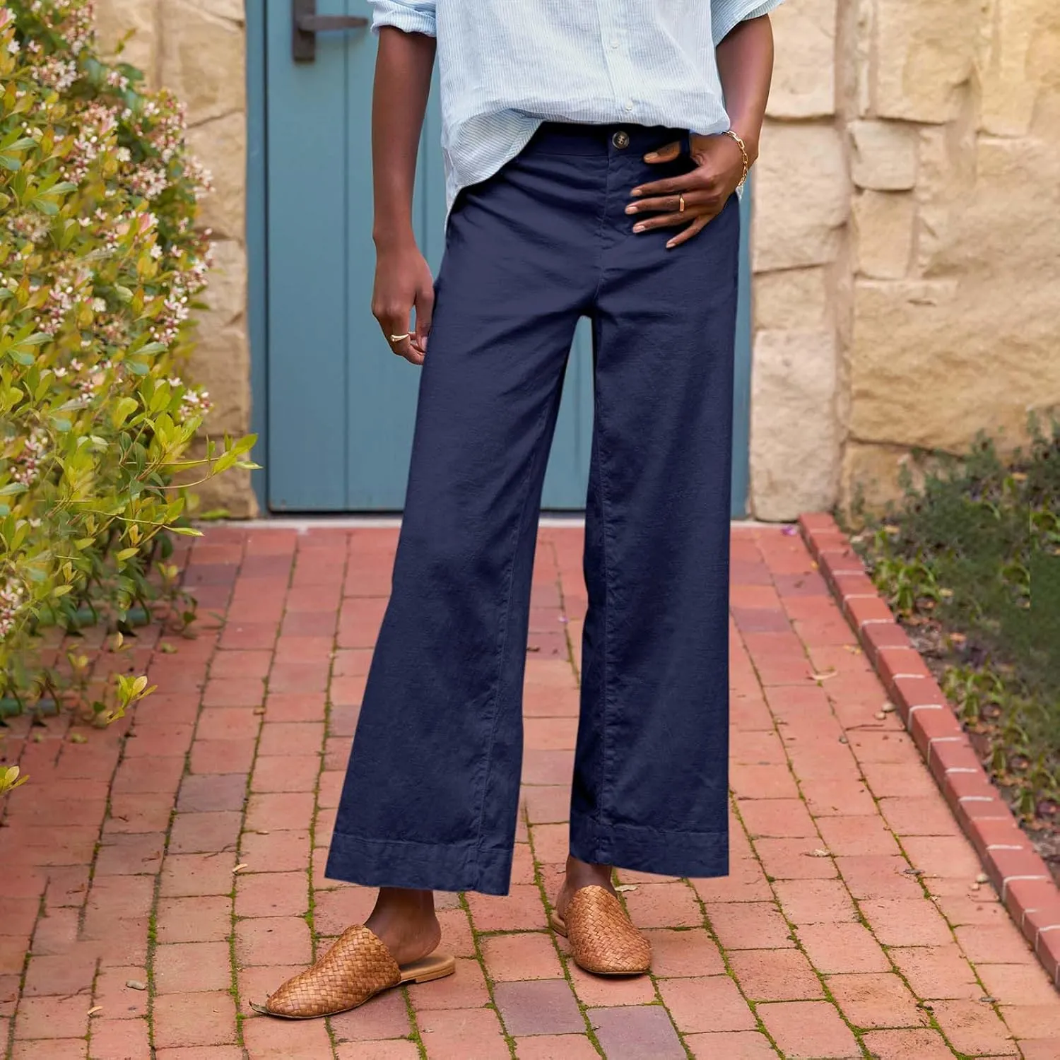 Linen Wide Leg Pants for Women Elastic High Waisted Crop Palazzo Pants Summer Business Casual Work Slacks with Pocket