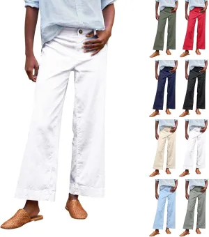 Linen Wide Leg Pants for Women Elastic High Waisted Crop Palazzo Pants Summer Business Casual Work Slacks with Pocket
