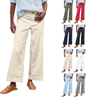 Linen Wide Leg Pants for Women Elastic High Waisted Crop Palazzo Pants Summer Business Casual Work Slacks with Pocket