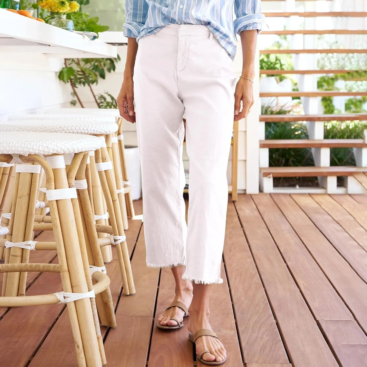 Linen Wide Leg Pants Women Cropped High Waisted Raw Hem Capri Pants Summer Business Casual Work Pants with Pockets