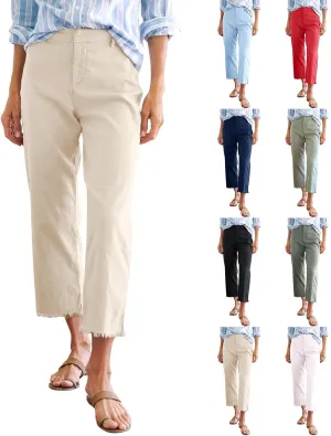 Linen Wide Leg Pants Women Cropped High Waisted Raw Hem Capri Pants Summer Business Casual Work Pants with Pockets
