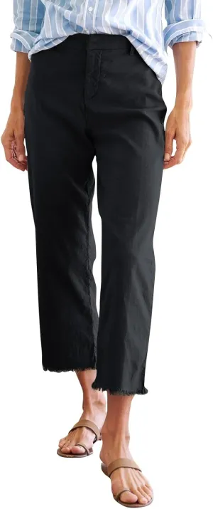 Linen Wide Leg Pants Women Cropped High Waisted Raw Hem Capri Pants Summer Business Casual Work Pants with Pockets