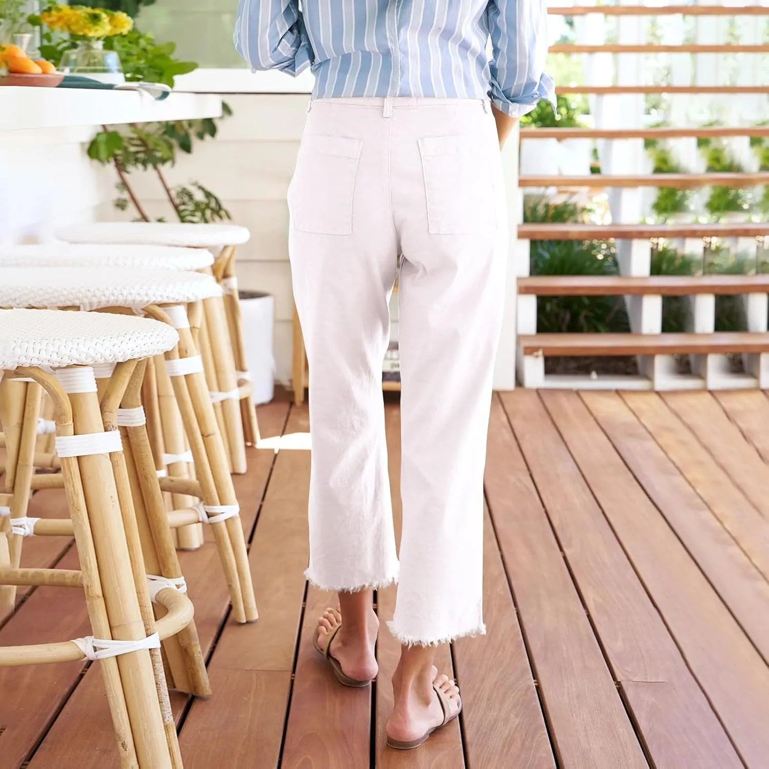 Linen Wide Leg Pants Women Cropped High Waisted Raw Hem Capri Pants Summer Business Casual Work Pants with Pockets