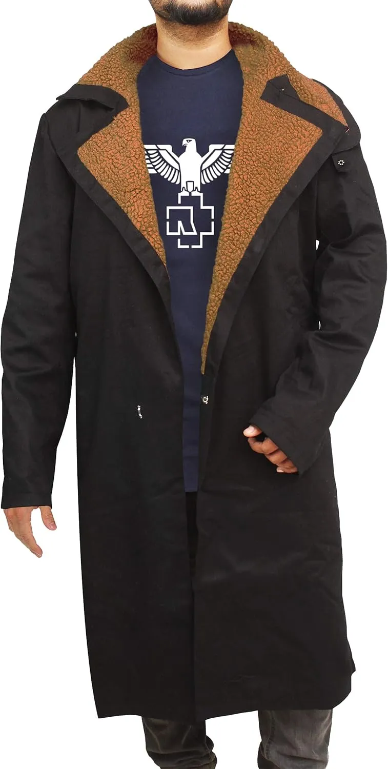 LP-FACON Mens 2049 Ryan Gosling Winter Fur Collar Officer Black Trench Coat Leather/Cotton