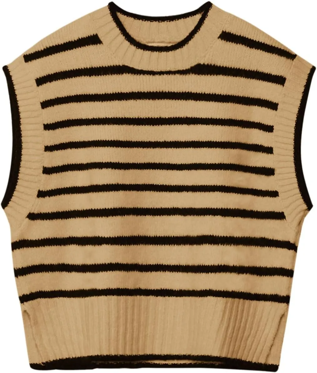 Lueluoye Sweater Vest for Women 2024 Crew Neck Cap Sleeve Tops Striped Knit Tank Top S-2XL