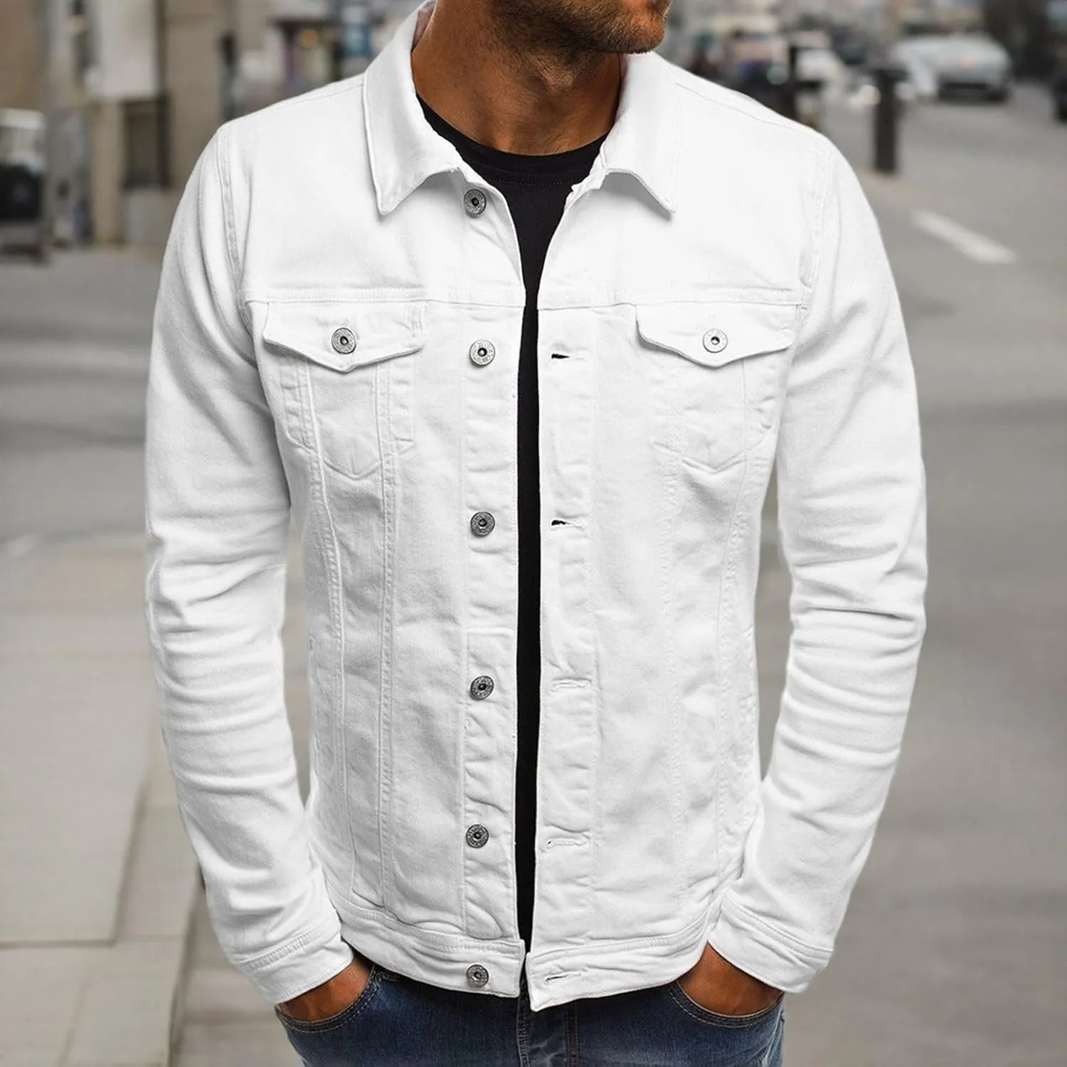 Lu's Chic Men's Shirt Jacket Soft Trucker Long Sleeve Cotton Shacket Fall Classic Button Casual Western