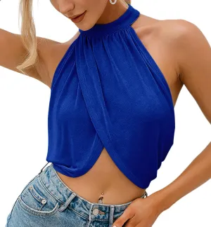 LYANER Women's Halter Wrap Sleeveless Draped Backless Sexy Cami Crop Top