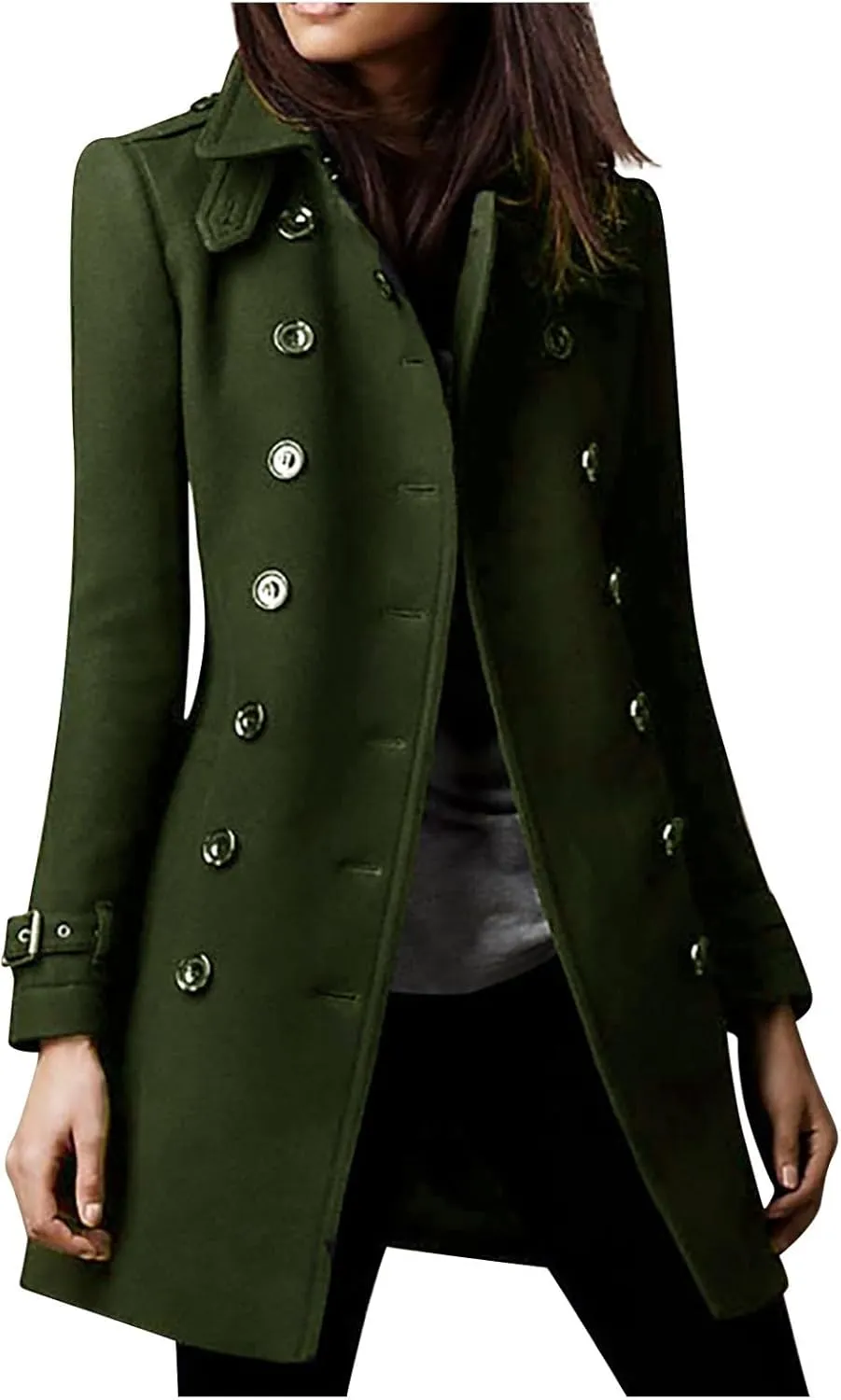 maisdgop Trench Coat for Women Long Sleeve Lapel Pea Coats Winter Double Breasted Windbreaker Casual Comfy Woolen Overcoat