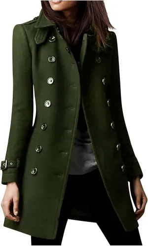 maisdgop Trench Coat for Women Long Sleeve Lapel Pea Coats Winter Double Breasted Windbreaker Casual Comfy Woolen Overcoat