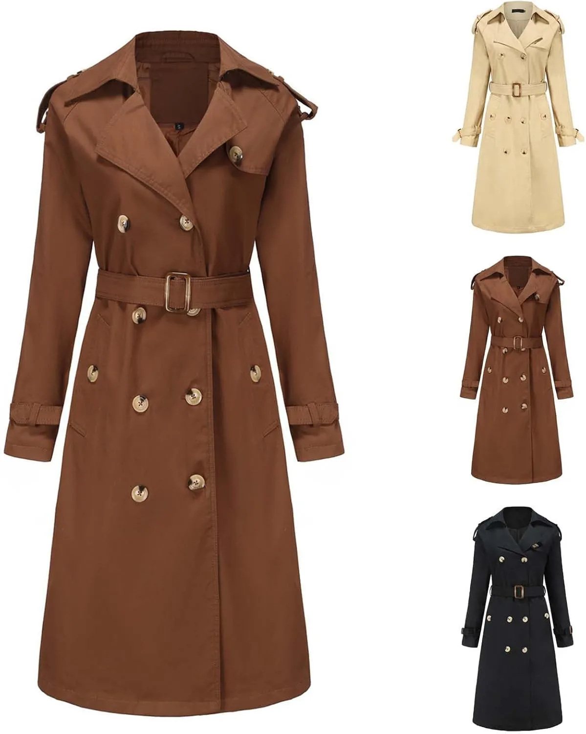 maisdgop Womens Trench Coat Classic Double Breasted Straps Overcoat Open Front Lapel Windbreaker Winter Long Sleeve Peacoats