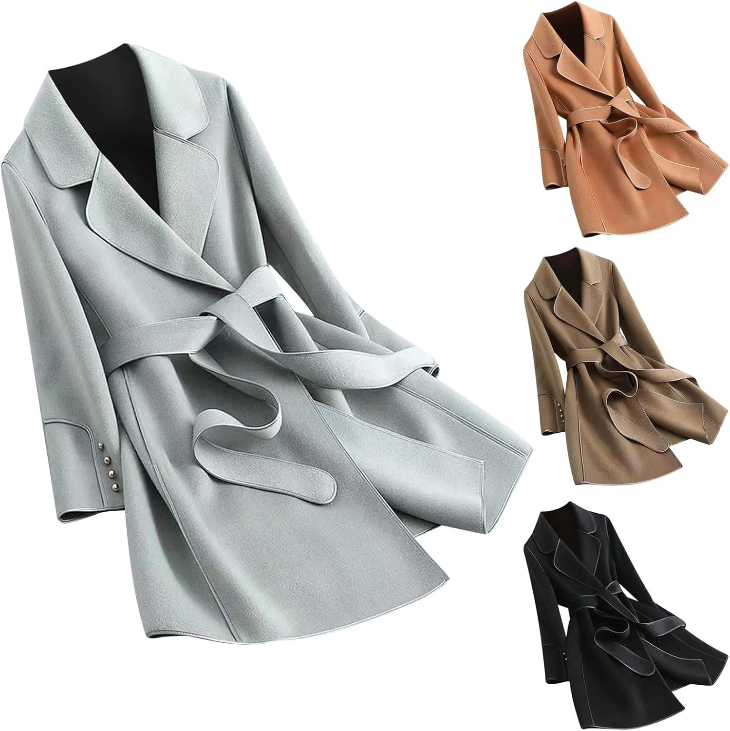 maisdgop Women's Trench Coats Open Front Woolen Cloth Overcoat Thick Long Sleeve Jackets Soft Mid Length Lapel Windbreaker