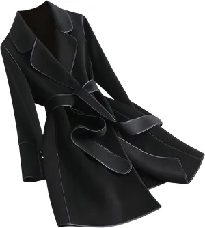 maisdgop Women's Trench Coats Open Front Woolen Cloth Overcoat Thick Long Sleeve Jackets Soft Mid Length Lapel Windbreaker
