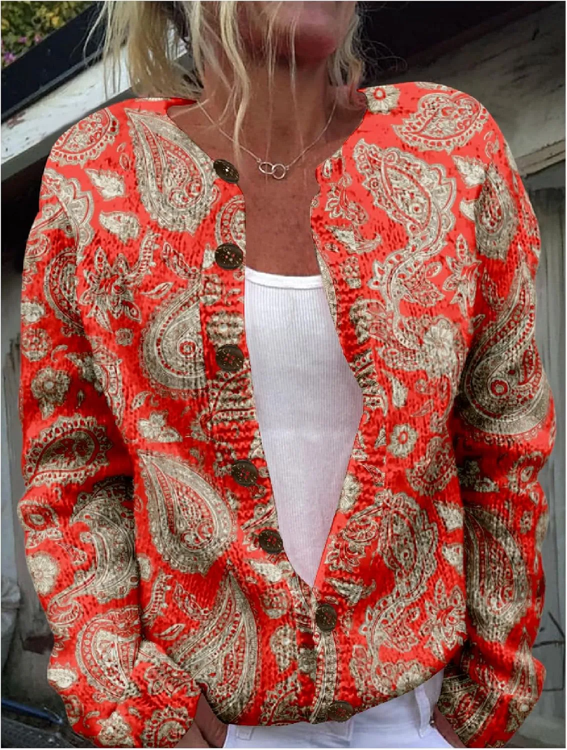 MARSVOVO Women Vintage Polka Dot and Paisley Pattern Button Down Crew Neck Open Cardigans Novelty Fall Sweater Tops