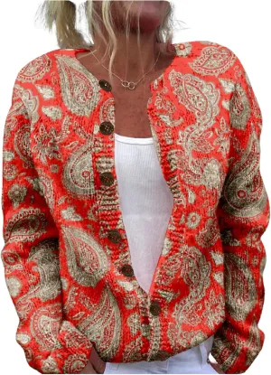 MARSVOVO Women Vintage Polka Dot and Paisley Pattern Button Down Crew Neck Open Cardigans Novelty Fall Sweater Tops