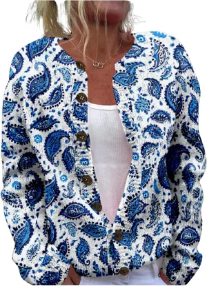 MARSVOVO Women Vintage Polka Dot and Paisley Pattern Button Down Crew Neck Open Cardigans Novelty Fall Sweater Tops