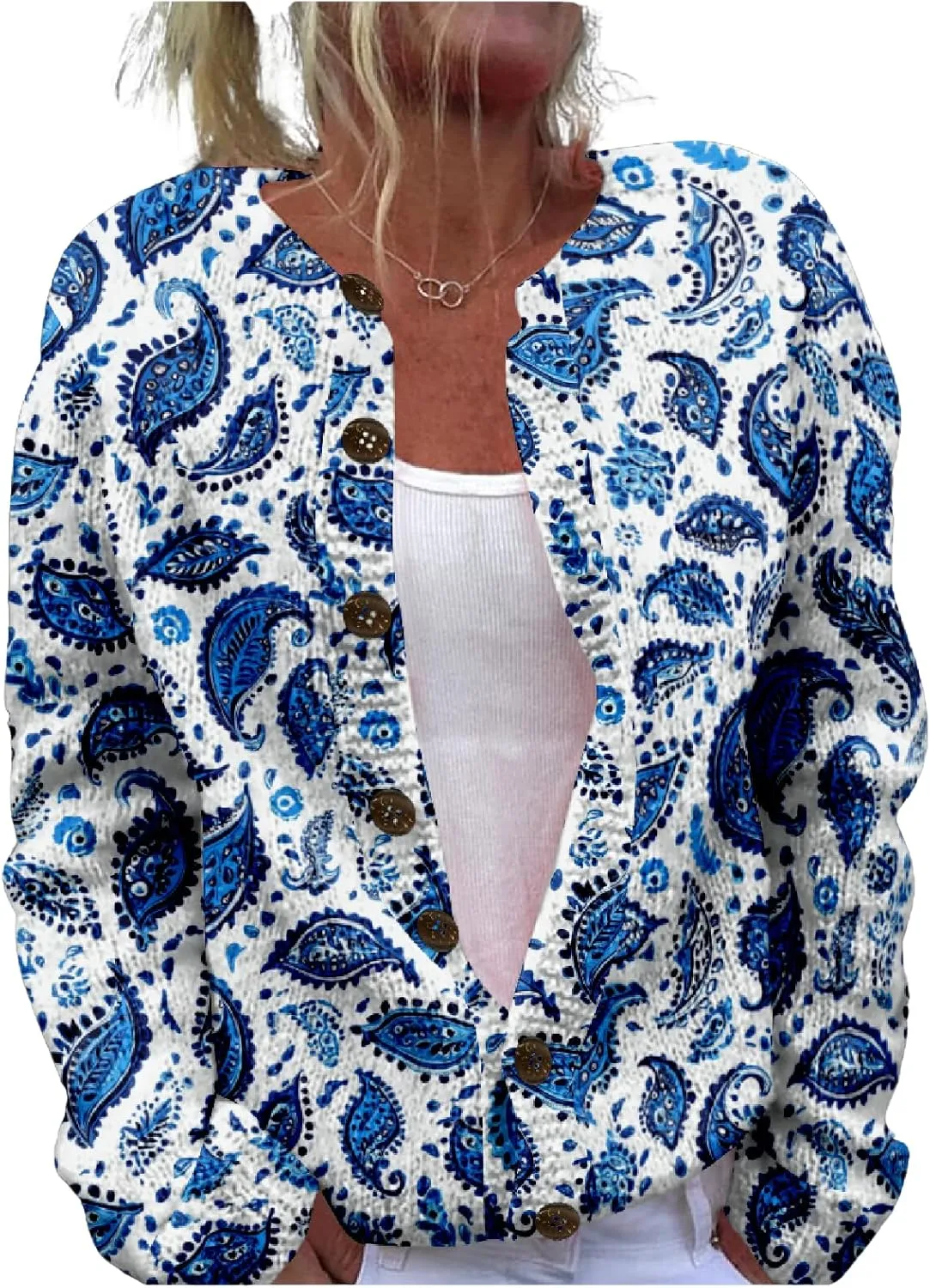 MARSVOVO Women Vintage Polka Dot and Paisley Pattern Button Down Crew Neck Open Cardigans Novelty Fall Sweater Tops