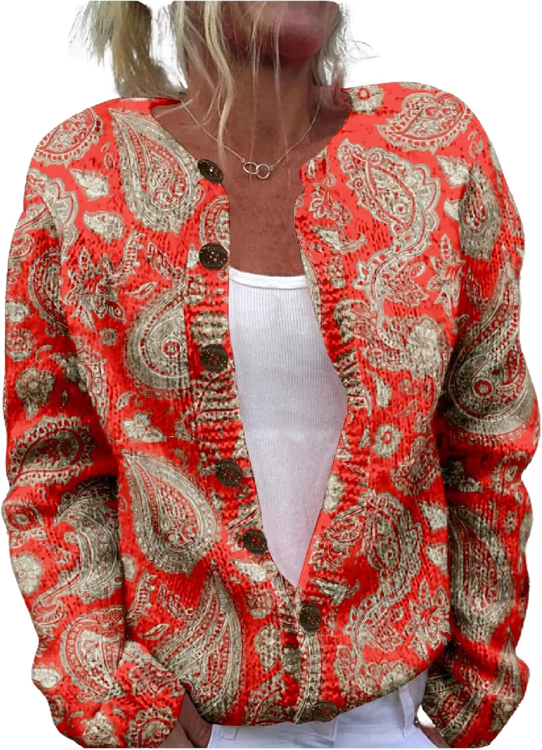 MARSVOVO Women Vintage Polka Dot and Paisley Pattern Button Down Crew Neck Open Cardigans Novelty Fall Sweater Tops