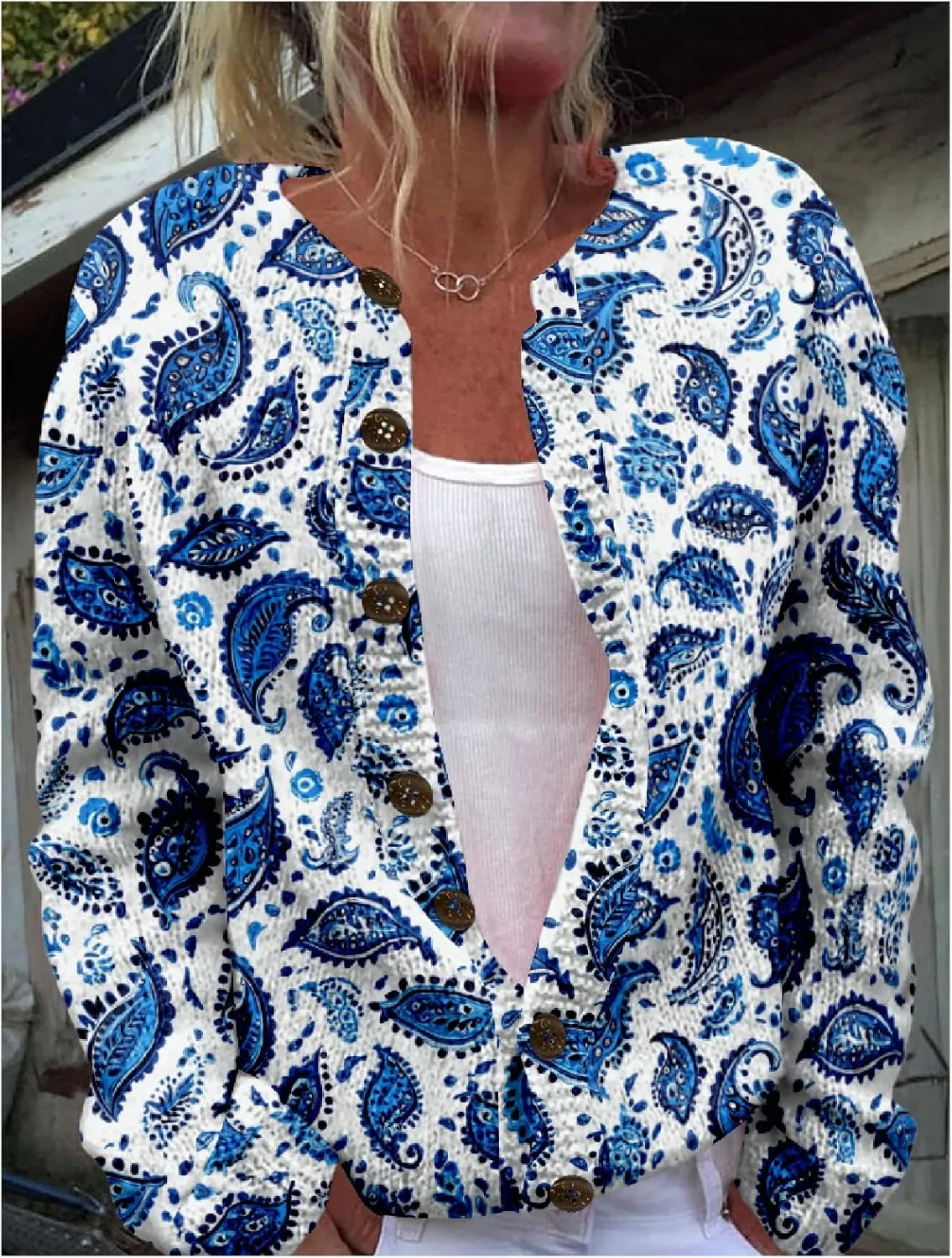 MARSVOVO Women Vintage Polka Dot and Paisley Pattern Button Down Crew Neck Open Cardigans Novelty Fall Sweater Tops