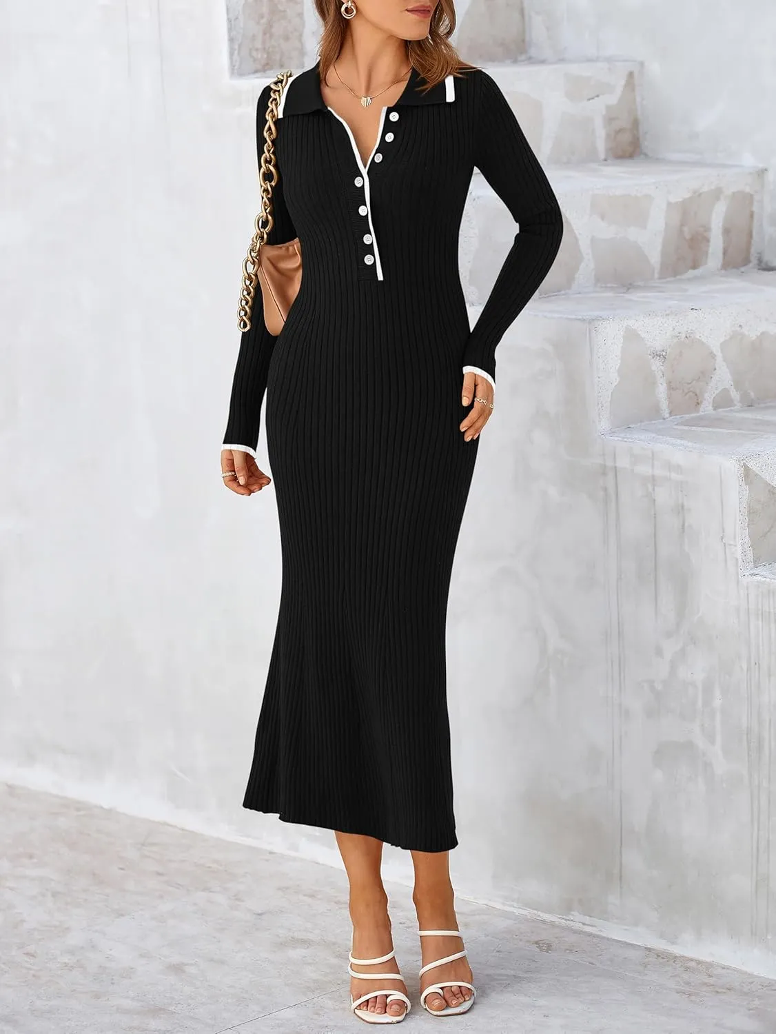 MASCOMODA Women Fall Long Sleeve V Neck Sweater Dress Casual Lapel Button Up Slim Fit Ribbed Knit Long Maxi Dresses