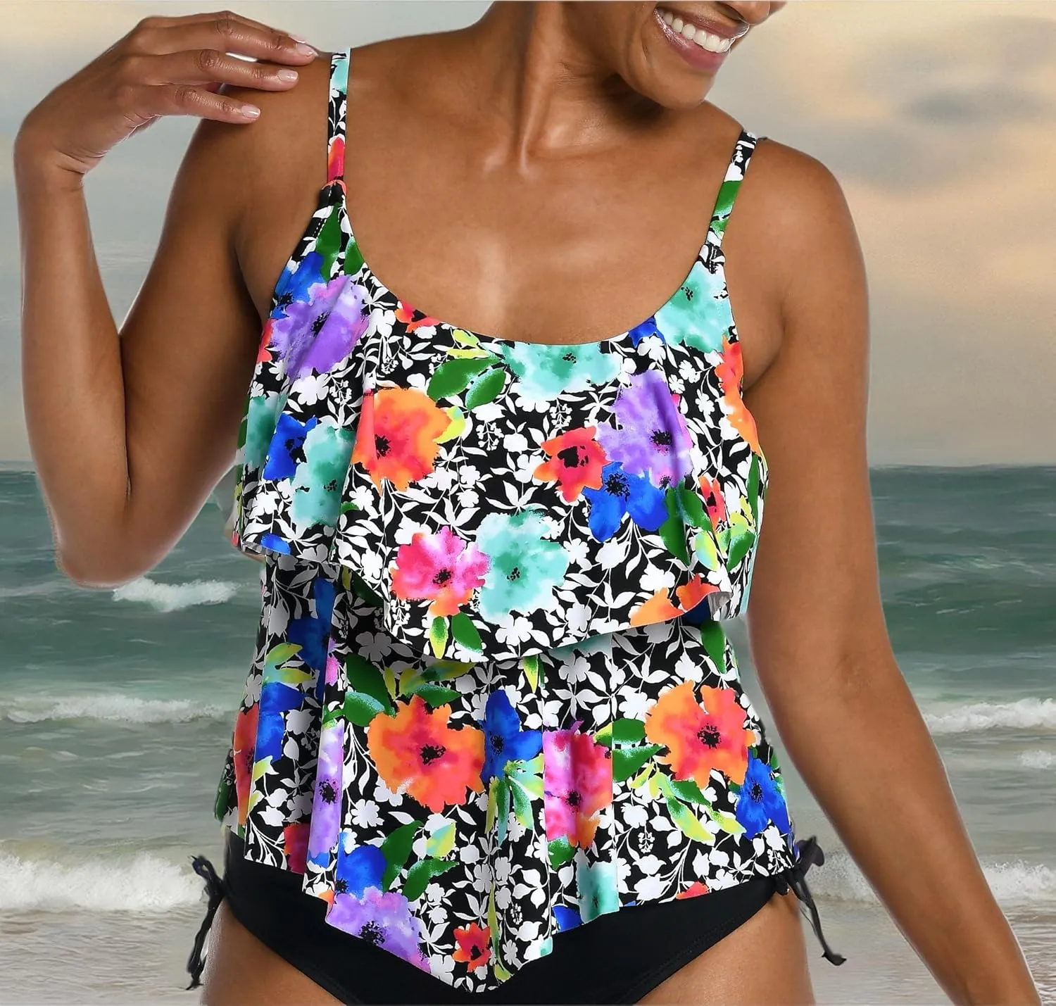 Maxine Of Hollywood Women's 2-Tiered Ruffle Tankini Swimsuit Top