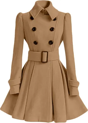 MAYRAIN Women's Mid Long Winter Overcoat Collar Double Breasted Coat Outerwear Elegant Fit Pea Coat