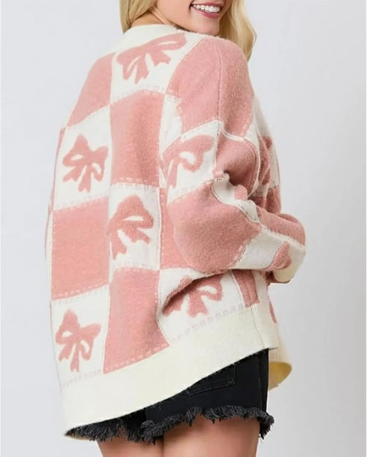 Meiweileya Womens Oversized Cardigan Sweaters Bow Printed Button Down Y2k V Neck Loose Long Sleeve Knit Coat