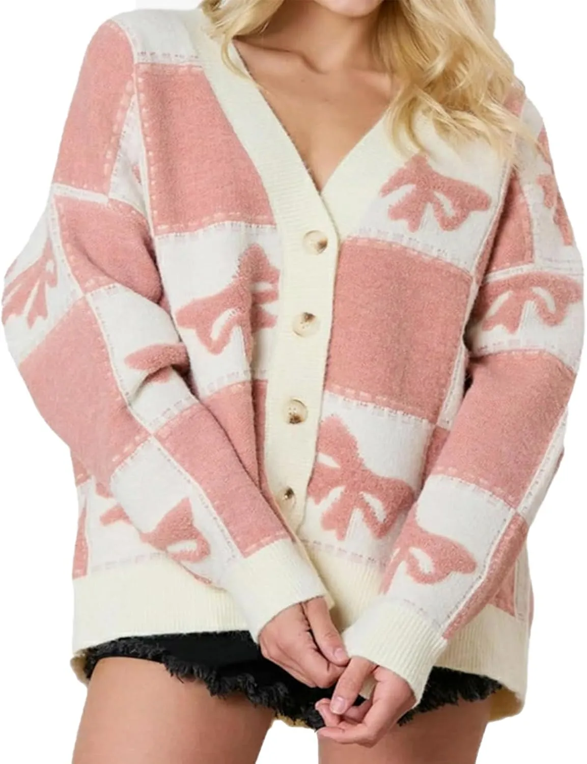 Meiweileya Womens Oversized Cardigan Sweaters Bow Printed Button Down Y2k V Neck Loose Long Sleeve Knit Coat