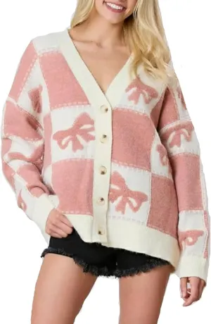 Meiweileya Womens Oversized Cardigan Sweaters Bow Printed Button Down Y2k V Neck Loose Long Sleeve Knit Coat