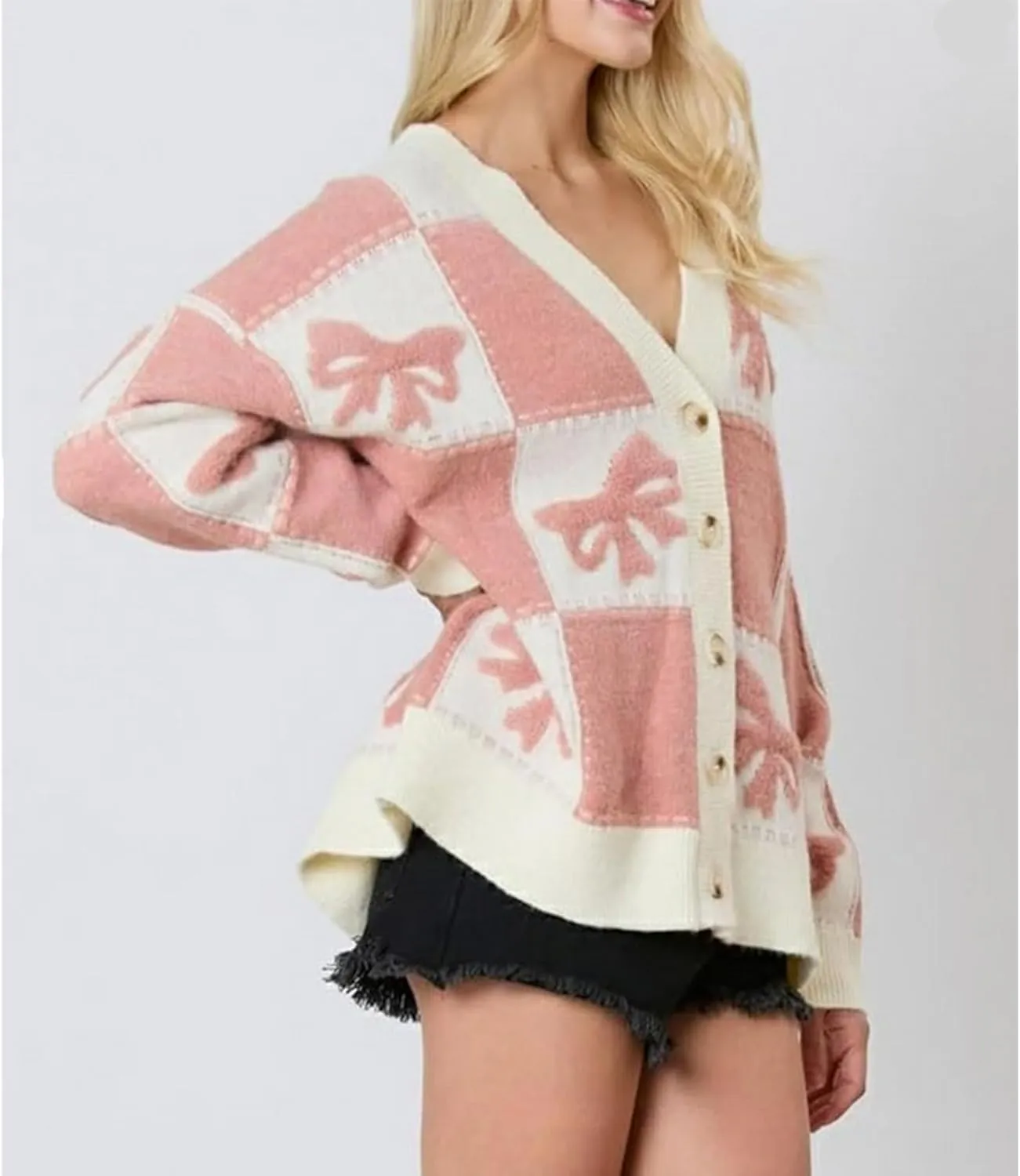 Meiweileya Womens Oversized Cardigan Sweaters Bow Printed Button Down Y2k V Neck Loose Long Sleeve Knit Coat