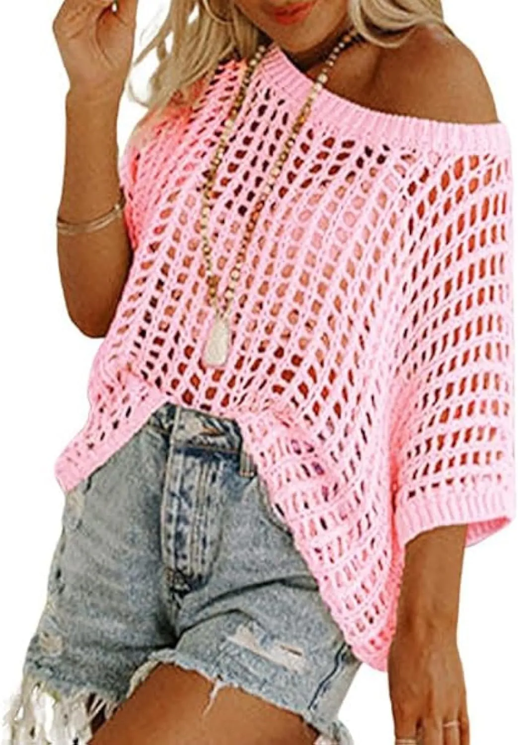 Melliflo Womens Fashion Sweater Casual Off The Shoulder Short Sleeve Hollow Out Sweater Pullover Knit Tops