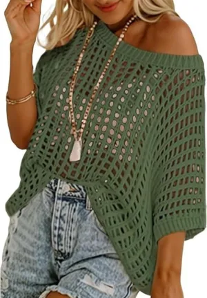 Melliflo Womens Fashion Sweater Casual Off The Shoulder Short Sleeve Hollow Out Sweater Pullover Knit Tops