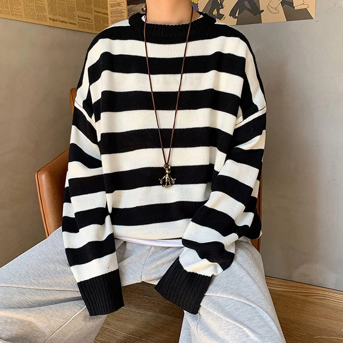 Men Casual Long Sleeve Striped Sweaters Oversized Knit Pullover Autumn Winter Fashion Sweater Jumpers Tops