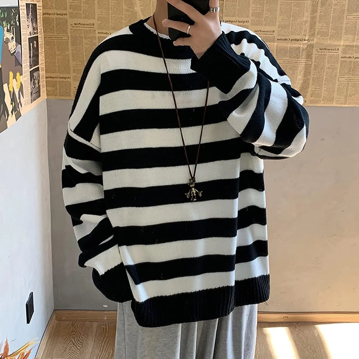 Men Casual Long Sleeve Striped Sweaters Oversized Knit Pullover Autumn Winter Fashion Sweater Jumpers Tops