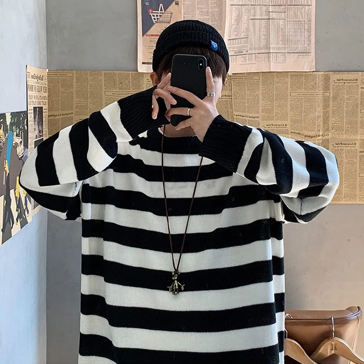 Men Casual Long Sleeve Striped Sweaters Oversized Knit Pullover Autumn Winter Fashion Sweater Jumpers Tops