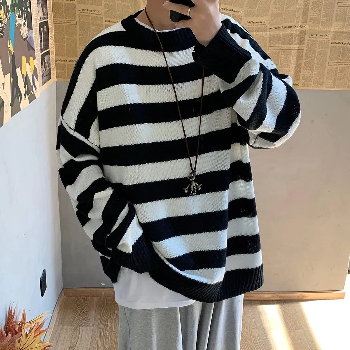 Men Casual Long Sleeve Striped Sweaters Oversized Knit Pullover Autumn Winter Fashion Sweater Jumpers Tops