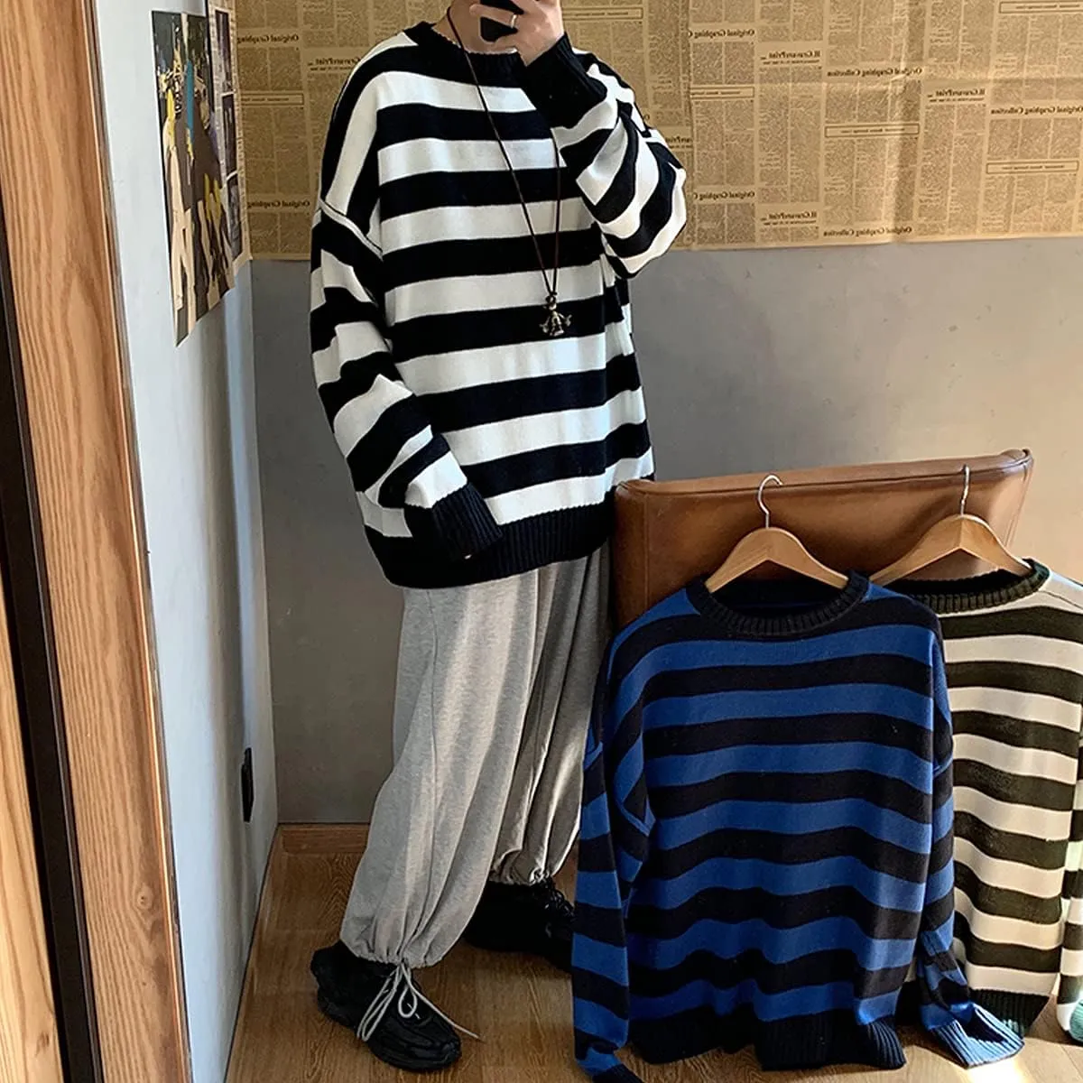 Men Casual Long Sleeve Striped Sweaters Oversized Knit Pullover Autumn Winter Fashion Sweater Jumpers Tops