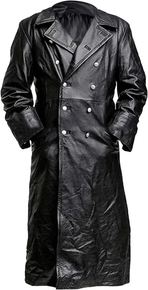 Mens Black Genuine Leather Trench Coat - Vintage German Officer WW2 Military Pea Coat Long Uniform Coat