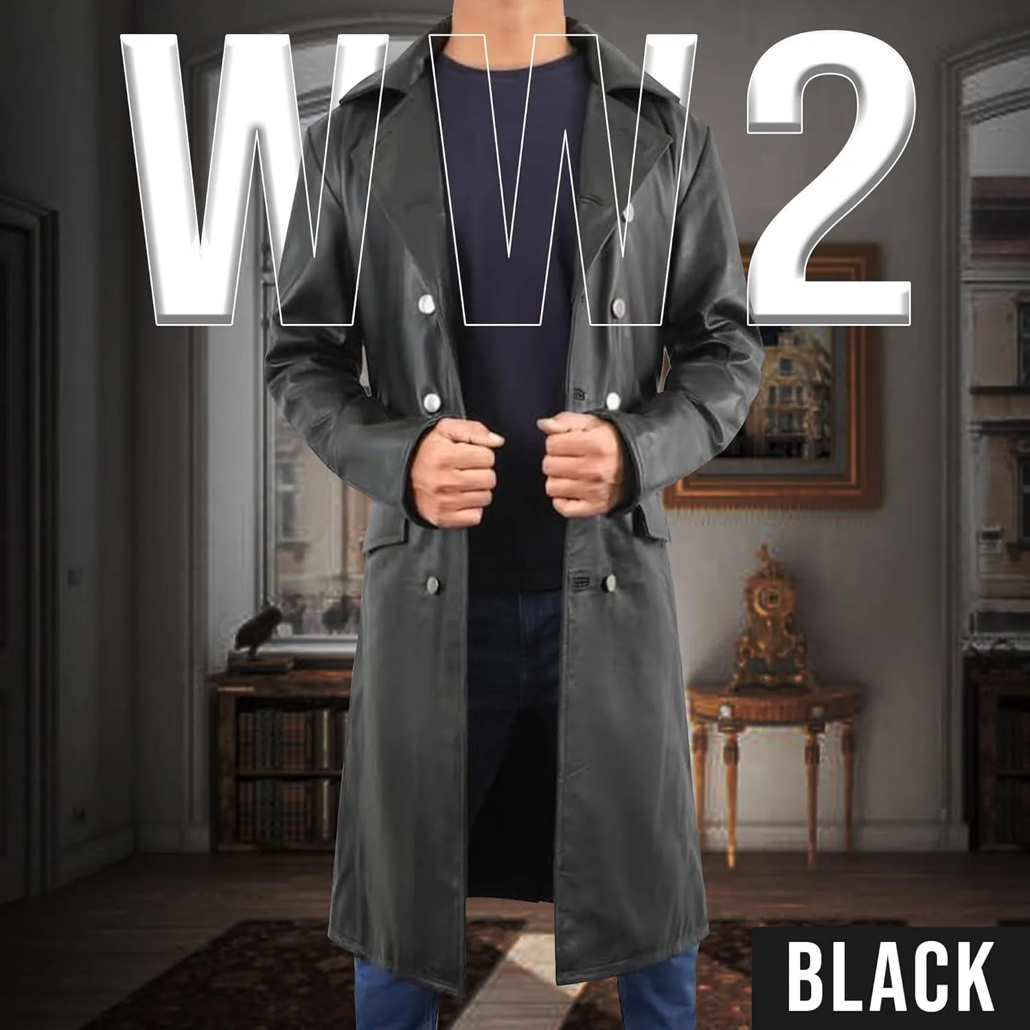 Mens Black Genuine Leather Trench Coat - Vintage German Officer WW2 Military Pea Coat Long Uniform Coat