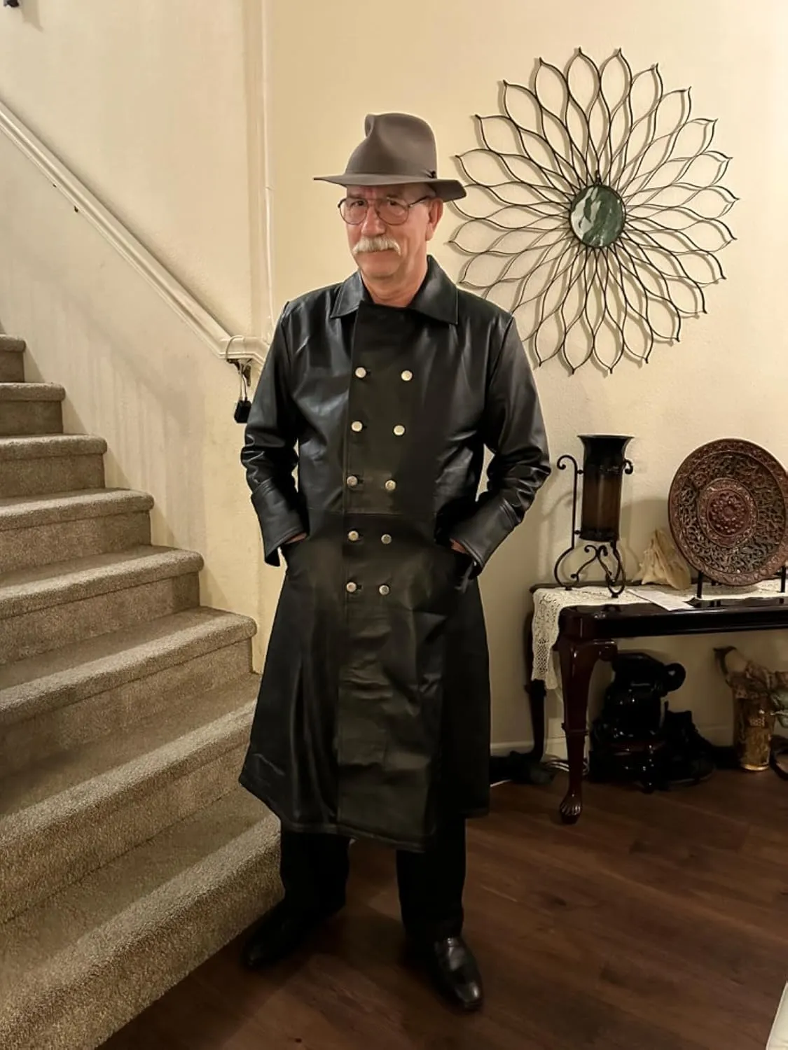 Mens Black Genuine Leather Trench Coat - Vintage German Officer WW2 Military Pea Coat Long Uniform Coat