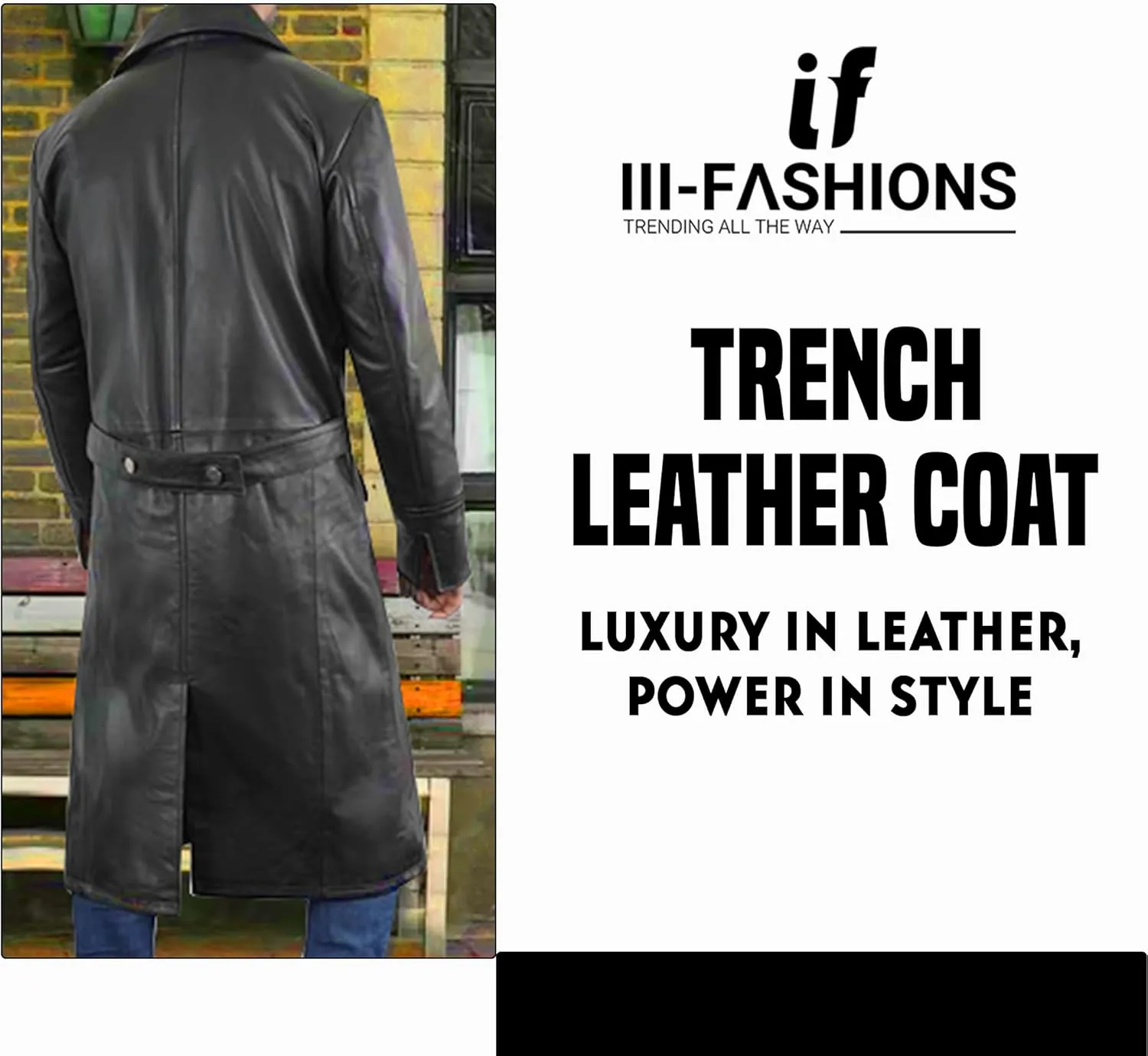 Mens Black Genuine Leather Trench Coat - Vintage German Officer WW2 Military Pea Coat Long Uniform Coat