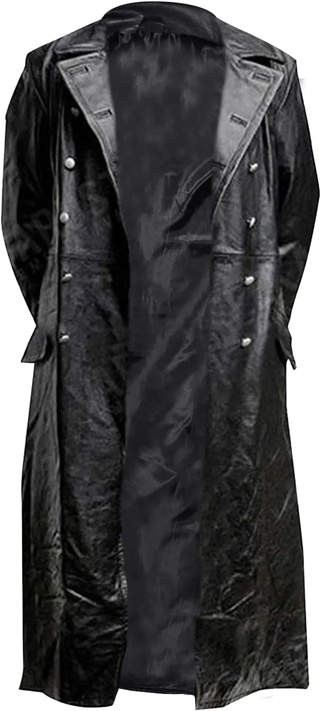 Mens Black Genuine Leather Trench Coat - Vintage German Officer WW2 Military Pea Coat Long Uniform Coat