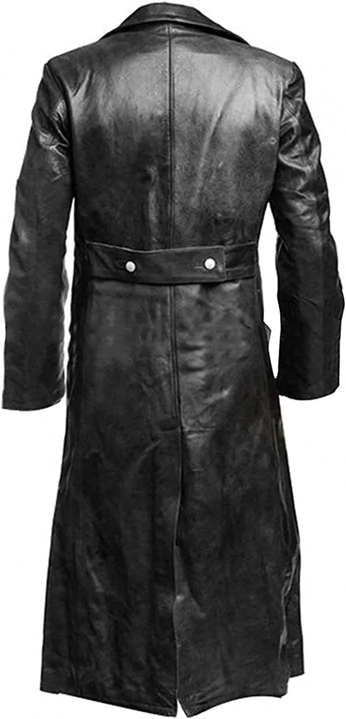 Mens Black Genuine Leather Trench Coat - Vintage German Officer WW2 Military Pea Coat Long Uniform Coat