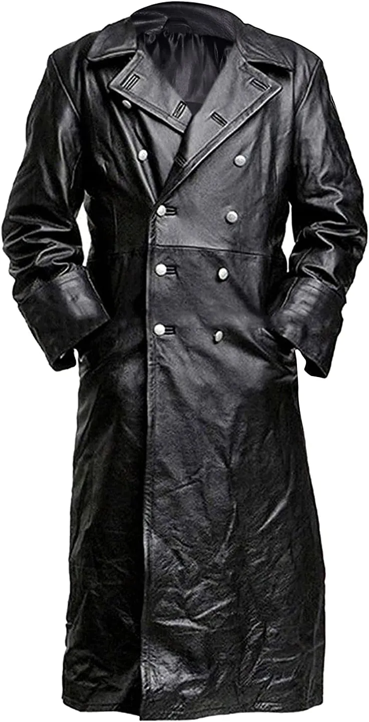Mens Black Genuine Leather Trench Coat - Vintage German Officer WW2 Military Pea Coat Long Uniform Coat