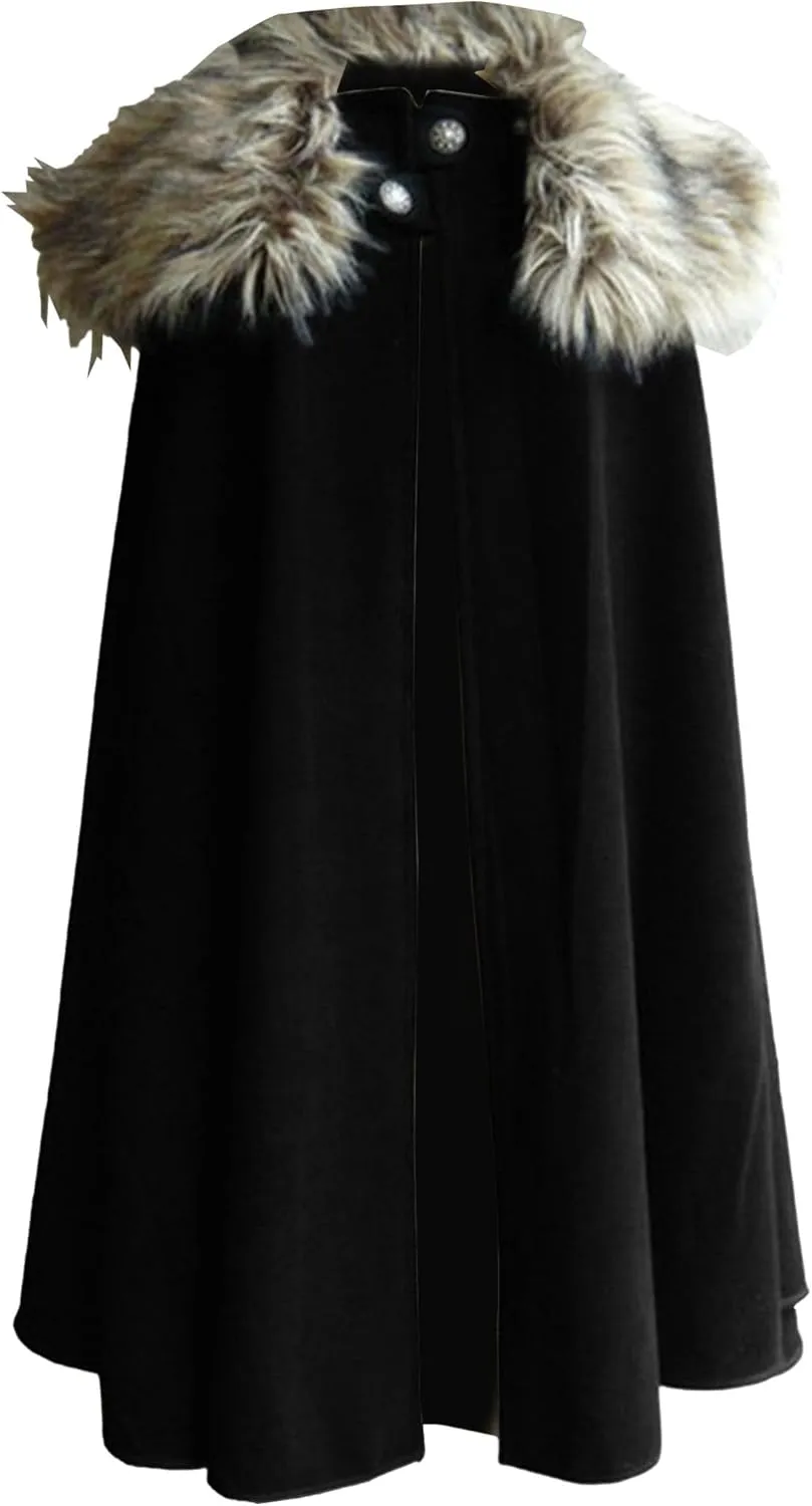 Mens Classic Fur Shoulder Cape Wool Faux Fur Collar Long Coat Fur Cloak Medieval King Cape Costume
