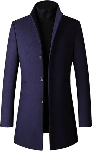 Men's Classic Notched Collar Single Breasted Wool Blend Pea Coat Long Trench Coat Casual Cotton Blend Peacoat