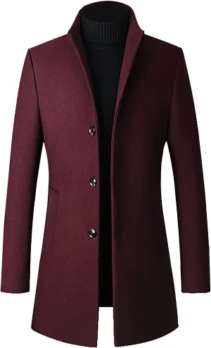 Men's Classic Notched Collar Single Breasted Wool Blend Pea Coat Long Trench Coat Casual Cotton Blend Peacoat