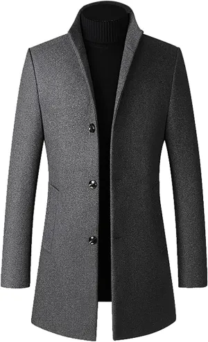 Men's Classic Notched Collar Single Breasted Wool Blend Pea Coat Long Trench Coat Casual Cotton Blend Peacoat