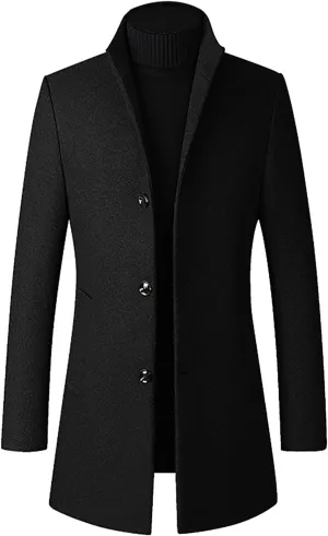 Men's Classic Notched Collar Single Breasted Wool Blend Pea Coat Long Trench Coat Casual Cotton Blend Peacoat